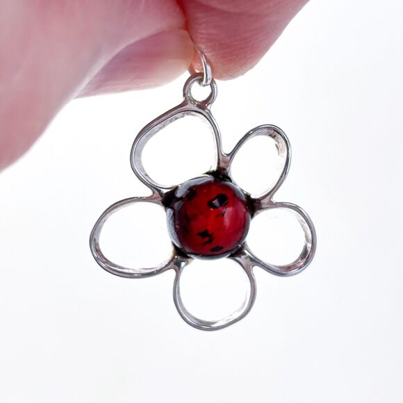 Vintage Sterling Silver 925 Amber Open Petal Flower Pendant - Picture 1 of 7